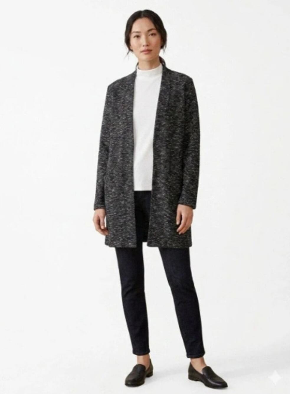 Eileen Fisher Open Front Tweed Cardigan Sweater Jacket Medium Cotton Blend